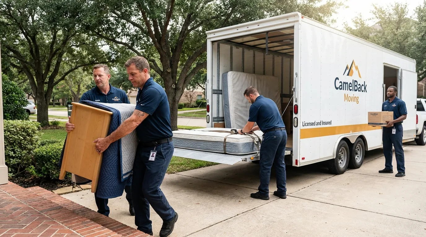 Crew loading residential truck for cross-state move from Hebron, NE