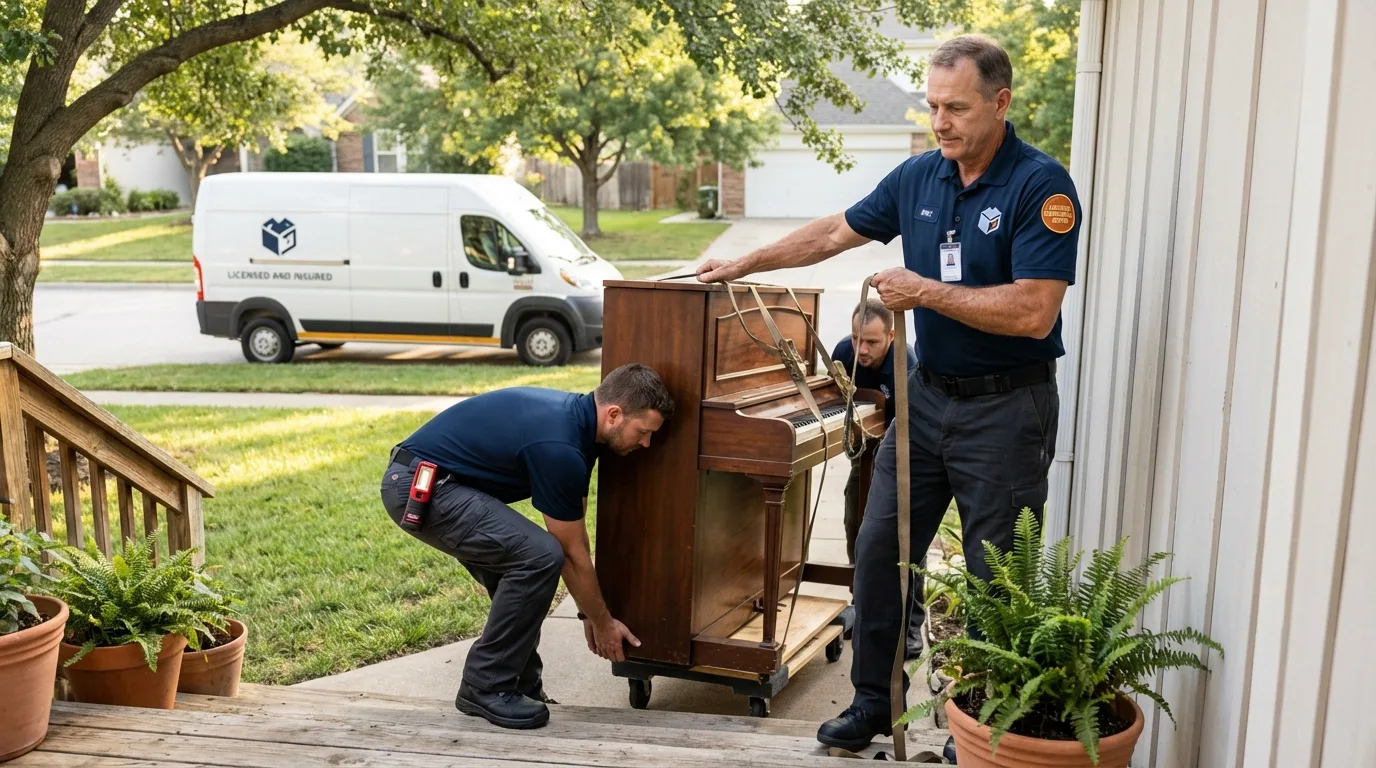 Licensed piano movers securing grand piano in Hebron, NE
