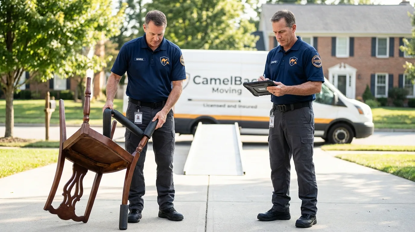 Movers inspecting furniture for damage prevention before loading in Hebron, NE