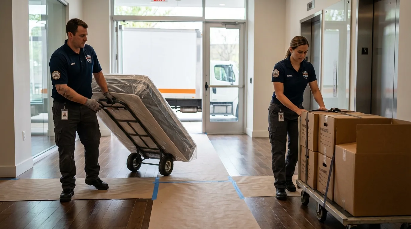 Professional apartment movers loading elevator in Hebron, NE